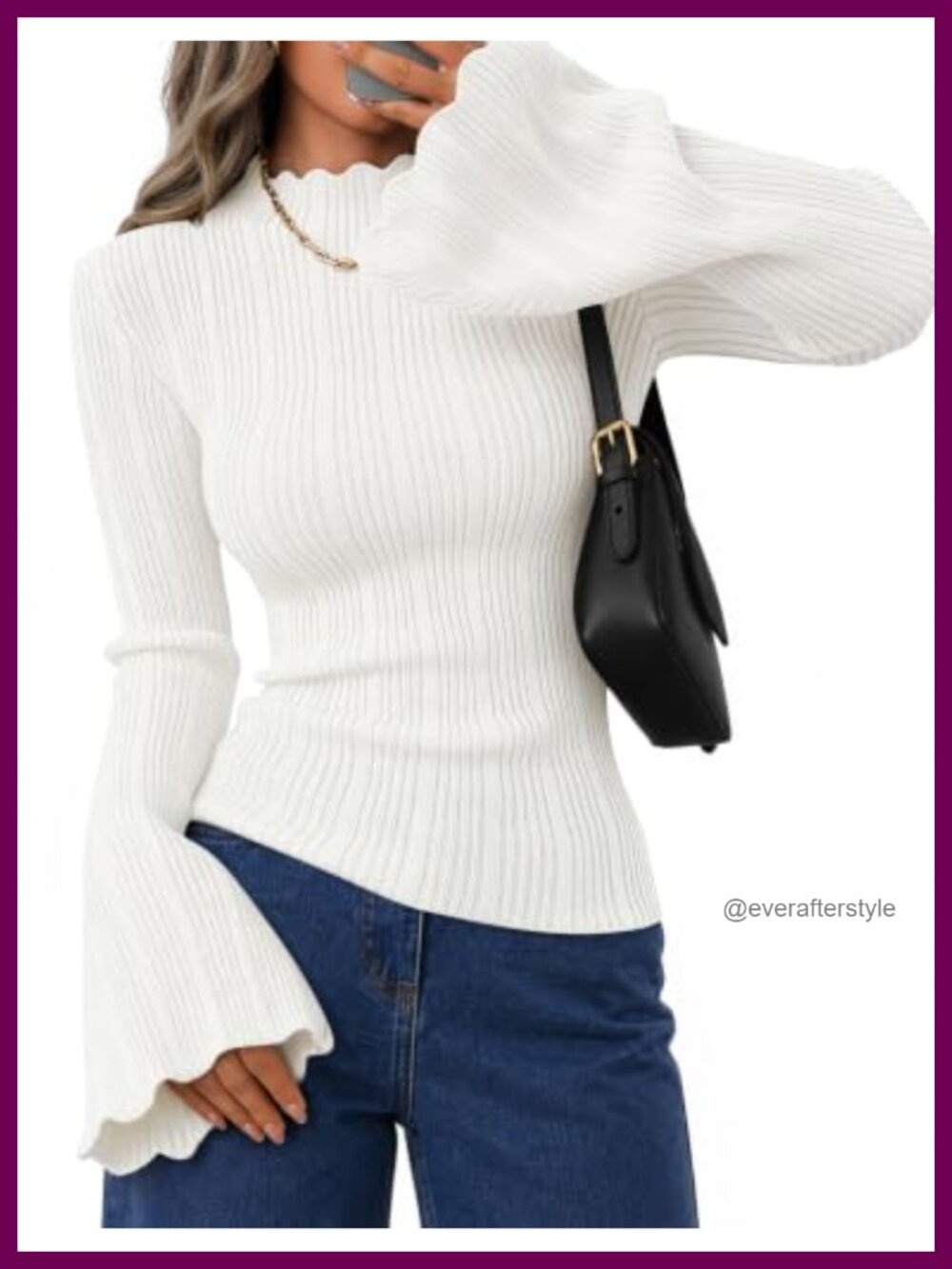 Scalloped Mock Neck Bell Sleeve Knit Sweater Pullover